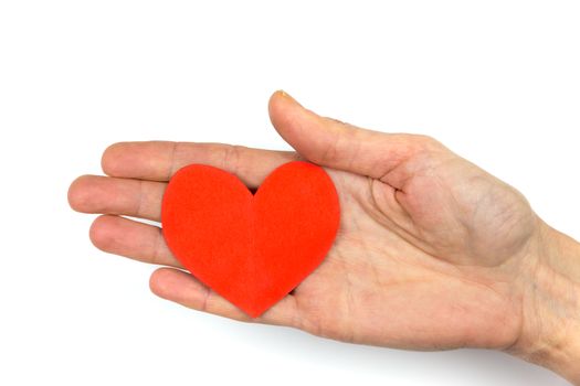 Woman's hand showing red paper heart isolated on white background as symbol of love