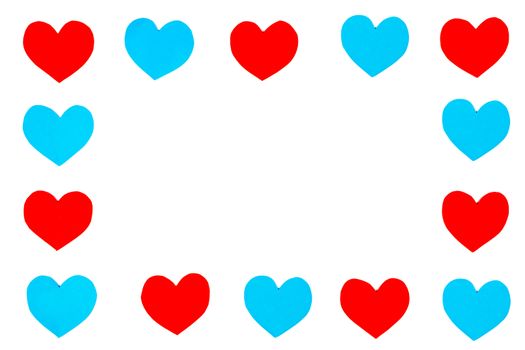 Frame of red and blue paper hearts with white isolated copy space