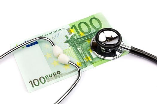 Euro money with professional stethoscope isolated on white background
