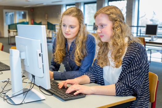 Two female students working together on computer in school