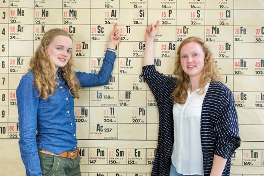 Two female students point at wall chart periodic table in chemistry lesson
