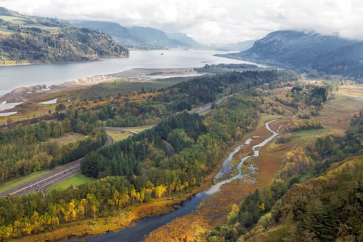 Columbia River Gorge along Interstate Freeway 84 in Oregon in Fall Season