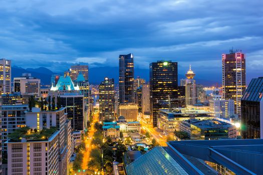 Vancouver British Columbia Canada downtown cityscape at evening blue hour