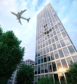 buildings with flying airplane and trees concept business and tourism background 3d illustration