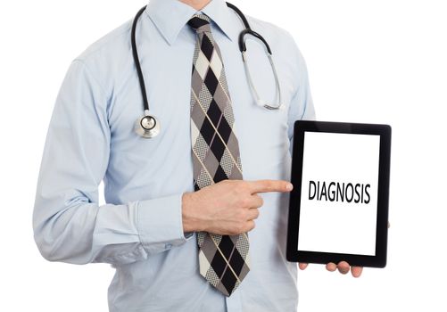 Doctor, isolated on white background,  holding digital tablet - Diagnosis