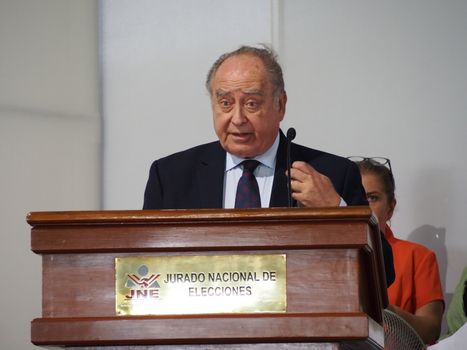 PERU, Lima: Former minister of Defence, former President of Congress and Order party candidate Antero Flores-Araoz holds a speech during the Forum for Freedom of press, Transparency and Right to Information, in Lima, Peru, on March 30, 2016. During this event,  main presidential candidates are invited to sign the Lima Principios agreement, which guarantee freedom of press, but Order party candidate Antero Flores-Araoz refused to sign. Peru will go to the polls to elect a new president on April 10. 