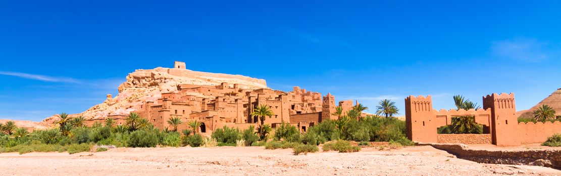 Panorama of the ancient moroccan kasbah Ait Benhaddou, near Ouarzazate, Morocco - Unesco world heritage.