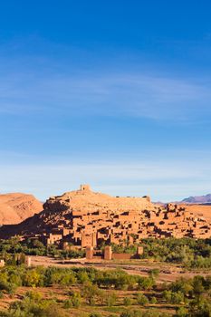 Panorama of the ancient moroccan kasbah Ait Benhaddou, near Ouarzazate, Morocco - Unesco world heritage.