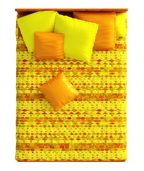 Top view of a bed with a blanket and a pillow isolated on white.