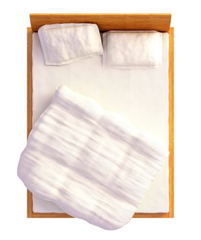 Top view of a bed with a blanket and a pillow isolated on white.