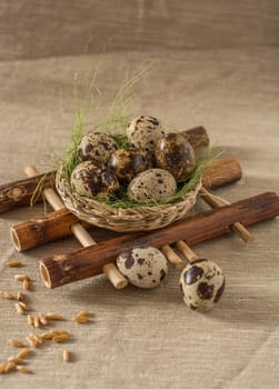 Quail eggs on bamboo pad