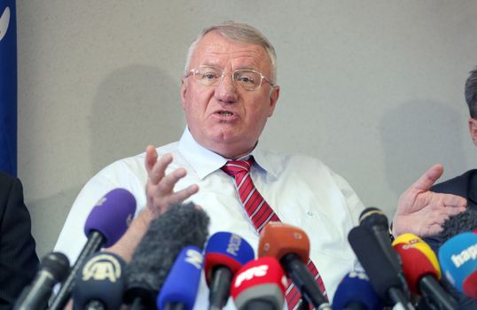 SERBIA, Belgrade: Serbian ultra-nationalist Vojislav Seselj attends a press conference in Belgrade on March 31, 2016. UN war crimes judges on March 31 found radical Serb leader Vojislav Seselj, 61, not guilty on all nine charges of war crimes and crimes against humanity arising out of the 1990s Balkans wars. 