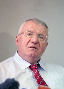 SERBIA, Belgrade: Serbian ultra-nationalist Vojislav Seselj attends a press conference in Belgrade on March 31, 2016. UN war crimes judges on March 31 found radical Serb leader Vojislav Seselj, 61, not guilty on all nine charges of war crimes and crimes against humanity arising out of the 1990s Balkans wars. 
