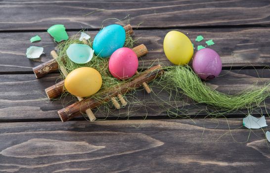 Easter concept composition.Egg in the basket. Easter Decoration