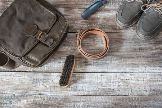 Vintage still life of random objects of men on wooden board