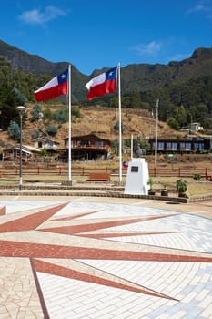 Town square in San Juan Bautista, the only town on Robinson Crusoe Island, one of three main islands making up the Juan Fernandez Islands some 400 miles off the coast of Chile.