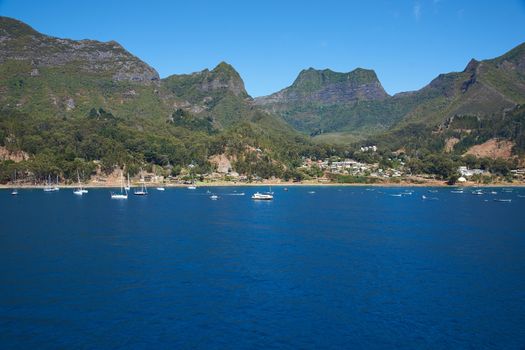 Panoramic view of Cumberland Bay looking towards the small town of San Juan Bautista on Robinson Crusoe Island, one of three main islands making up the Juan Fernandez Islands some 400 miles off the coast of Chile.