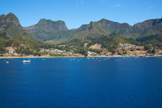 Panoramic view of Cumberland Bay looking towards the small town of San Juan Bautista on Robinson Crusoe Island, one of three main islands making up the Juan Fernandez Islands some 400 miles off the coast of Chile.