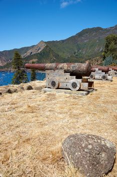 Historic Spanish fort overlooking Cumberland Bay and the town of San Juan Bautista on Robinson Crusoe Island, one of three main islands making up the Juan Fernandez Islands some 400 miles off the coast of Chile.