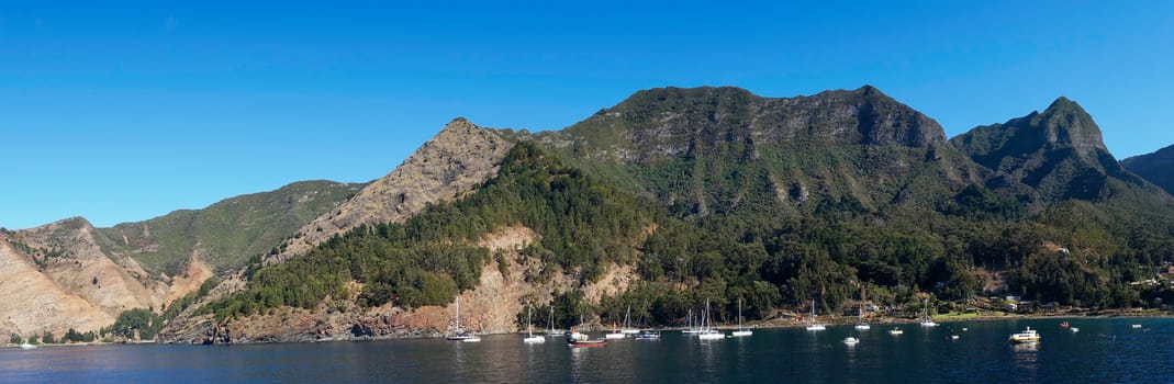 Cumberland Bay on Robinson Crusoe Island, one of three main islands making up the Juan Fernandez Islands some 400 miles off the coast of Chile.