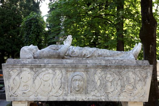 Detail of a mourning sculpture on a Mirogoj cemetery in Zagreb, Croatia