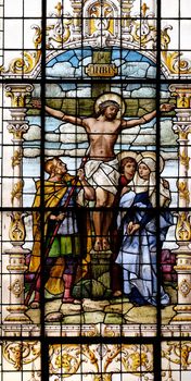 Crucifixion, Jesus died on the cross, stained glass window in the Basilica of the Sacred Heart of Jesus in Zagreb, Croatia