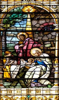 Nativity Scene, Birth of Jesus, stained glass window in the Basilica of the Sacred Heart of Jesus in Zagreb, Croatia