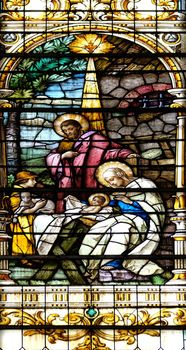 Nativity Scene, Birth of Jesus, stained glass window in the Basilica of the Sacred Heart of Jesus in Zagreb, Croatia
