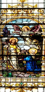 Jesus appears to his mother, stained glass window in the Basilica of the Sacred Heart of Jesus in Zagreb, Croatia