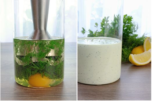 glass of cooked cream sauce with dill on a table  fresh herbs and lemon