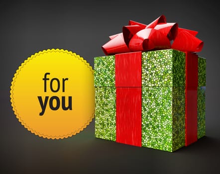 green shiny gift box covered with mosaic texture and wrapped in red ribbon with big scarlet bow. banner contains blank space for text in shape of round label. Download design high HD 4K resolution