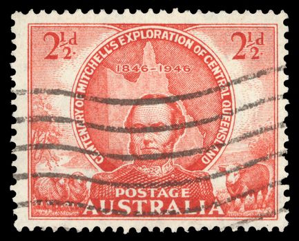 Stamp printed in Australia shows Sir Thomas Mitchell and Map of Queensland, circa 1946
