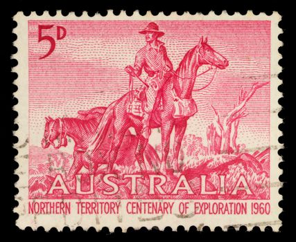 Stamp printed in the Australia shows The Overlanders by Sir Daryl Lindsay, Centenary of Exploration of Australias Northern Territory, circa 1960