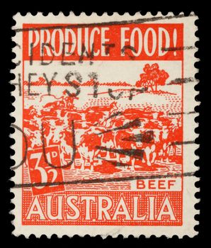 Stamp printed in Australia shows herd of cows