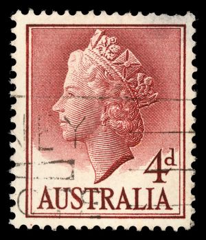 Stamp printed in Australia shows Queen Elizabeth II, circa 1955.