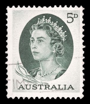 Stamp printed in Australia shows portrait of Queen Elizabeth II, circa 1963
