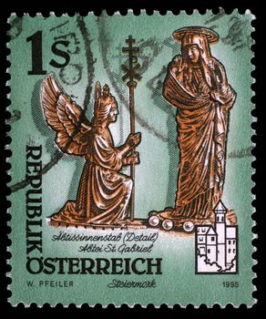 Stamp printed by Austria, shows figures of archangel Gabriel and Virgin Mary, The Annunciation, Monastery of Admont, circa 1995