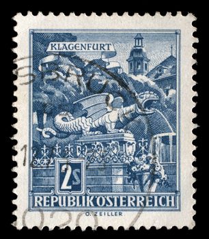 Stamp printed by Austria, shows Dragon Fountain, Klagenfurt, circa 1957