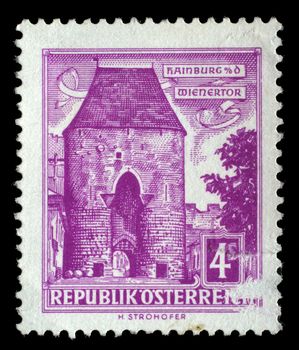 Stamp printed in the Austria shows Vienna Gate, Hainburg, circa 1960