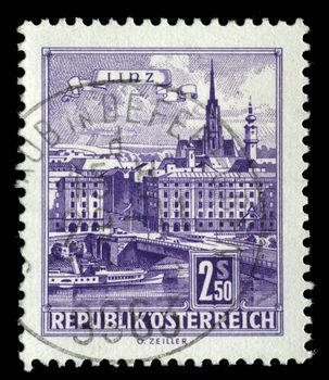 Stamp printed by Austria, shows Danube Bridge, Linz, circa 1962