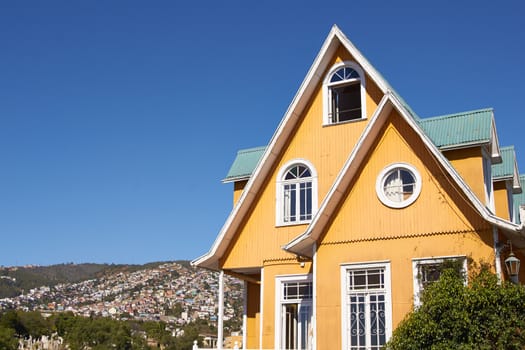 Colourful historic building on Paseo Atkinson in the UNESCO World Heritage Site of Valparaiso in Chile.