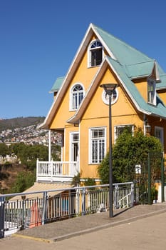 Colourful historic building on Paseo Atkinson in the UNESCO World Heritage Site of Valparaiso in Chile.