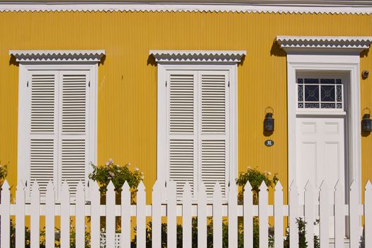 Colourful historic building on Paseo Atkinson in the UNESCO World Heritage Site of Valparaiso in Chile.