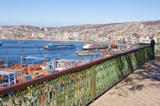 Historic port of the UNESCO World Heritage city of Valparaiso on the coast of Chile. Viewed from Paseo 21 de Mayo.