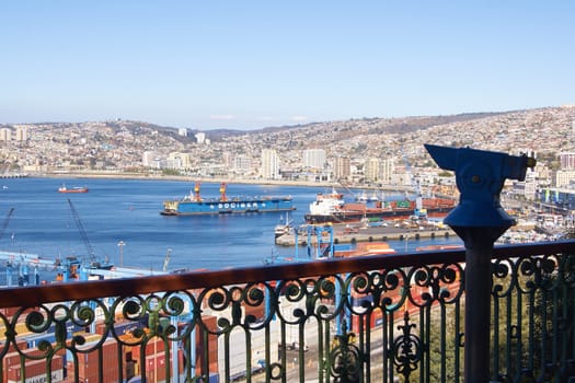 Historic port of the UNESCO World Heritage city of Valparaiso on the coast of Chile. Viewed from Paseo 21 de Mayo.