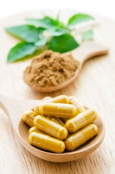 herbal medicine powder and capsules with green organic herb leaves on wooden background.