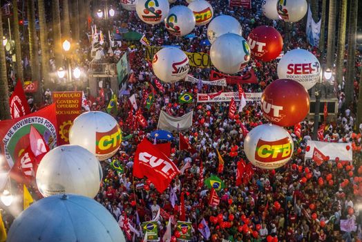 BRAZIL, Sao Paulo: Demonstrators protest in support of Brazil's President Dilma Rousseff and former President Luiz Inacio Lula da Silva at the Se Square, in Sao Paulo, southeastern Brazil, on March 31, 2016. Rousseff is currently facing impeachment proceedings as her government faces a stalling national economy and multiple corruption scandals.