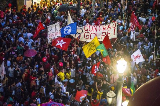 BRAZIL, Sao Paulo: Demonstrators protest in support of Brazil's President Dilma Rousseff and former President Luiz Inacio Lula da Silva at the Se Square, in Sao Paulo, southeastern Brazil, on March 31, 2016. Rousseff is currently facing impeachment proceedings as her government faces a stalling national economy and multiple corruption scandals.