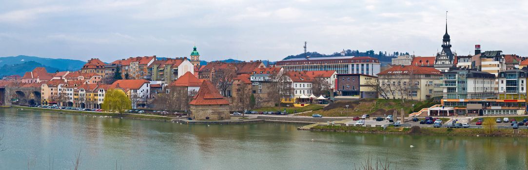 Town of Maribor riverfront panoramic view, Slovenia