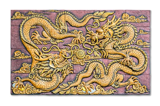 Two Chinese style golden dragons fighting as low relief technique mass product artwork isolated on white background, clipping path.